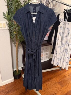 J. Crew Dark Indigo Denim Maxi Shirt Dress with Tie Waist